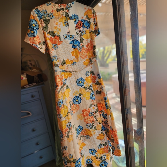 Women's Floral High Low Maxi Wrap Dress Short Sleeve V Neck Flowy Front Slit Tie - Picture 4 of 5